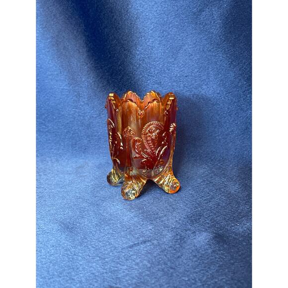 Vintage Carnival Glass Marigold Fan and Feather Footed Toothpick Holder - Picture 2 of 6